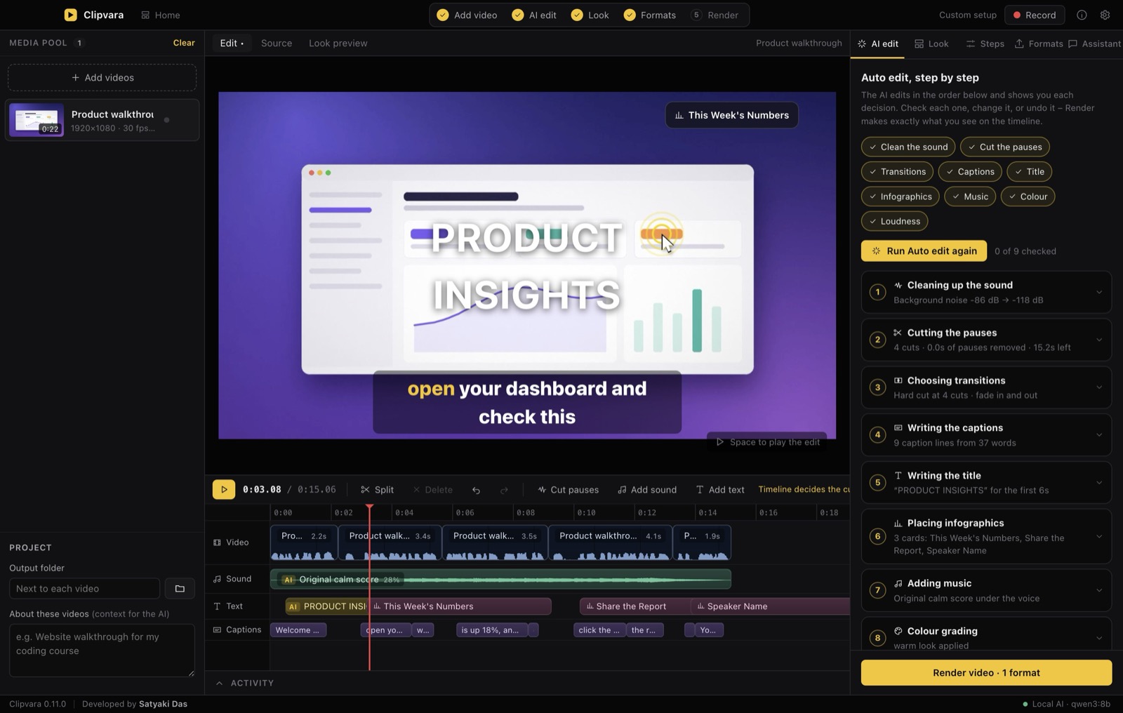 Clipvara editor after Auto edit: step cards, captions and title over the video, and the timeline
